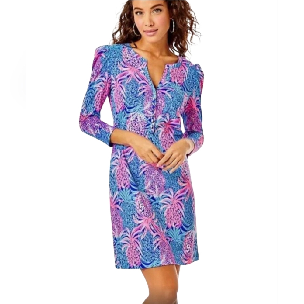 Nwot Lilly Pulitzer Marlie Pineapple Borealis Puff Sleeve V-Neck Knit Dress